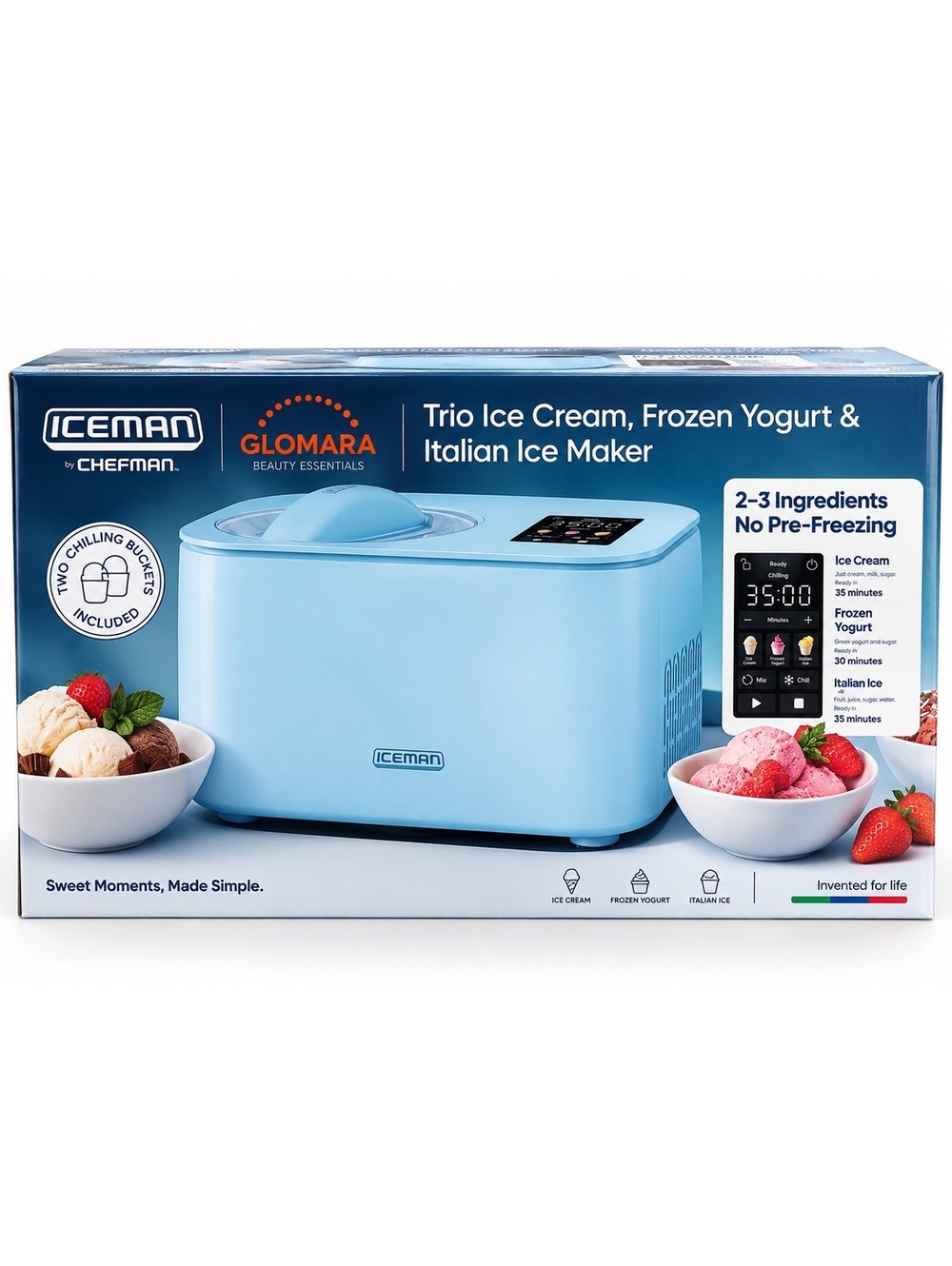 Chefman Iceman Trio Ice Cream Maker Built-In Compressor No Pre-Freezing Aqua NEW